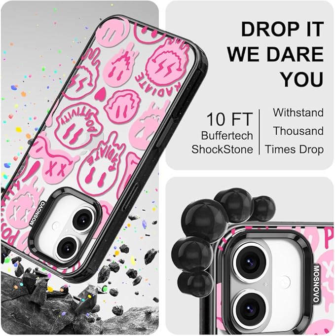 MOSNOVO Case for iPhone 16 Plus, [10ft 4X Military-Grade Drop Protection] Durable & Shockproof Phone Case Cover Design for iPhone 16 Plus - Pink Dripping Smiles - Clear Black