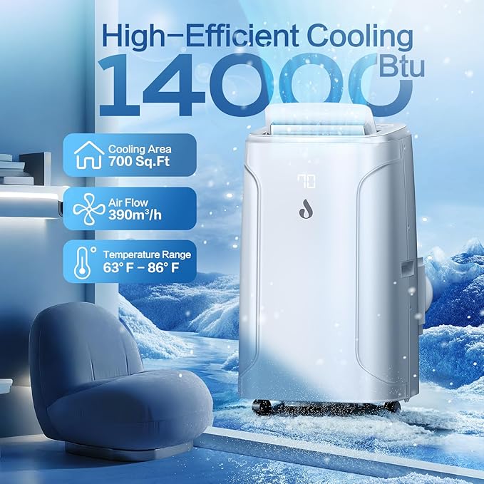 14,000 BTU Portable Air Conditioners, 4-in-1 Air Conditioner with Dehumidifier, Fan, 2 Speeds Cools Room up to 700 Sq.Ft, 24H Timer, Smart Auto-off, Remote Control & Window Kit for Home, Room, Office