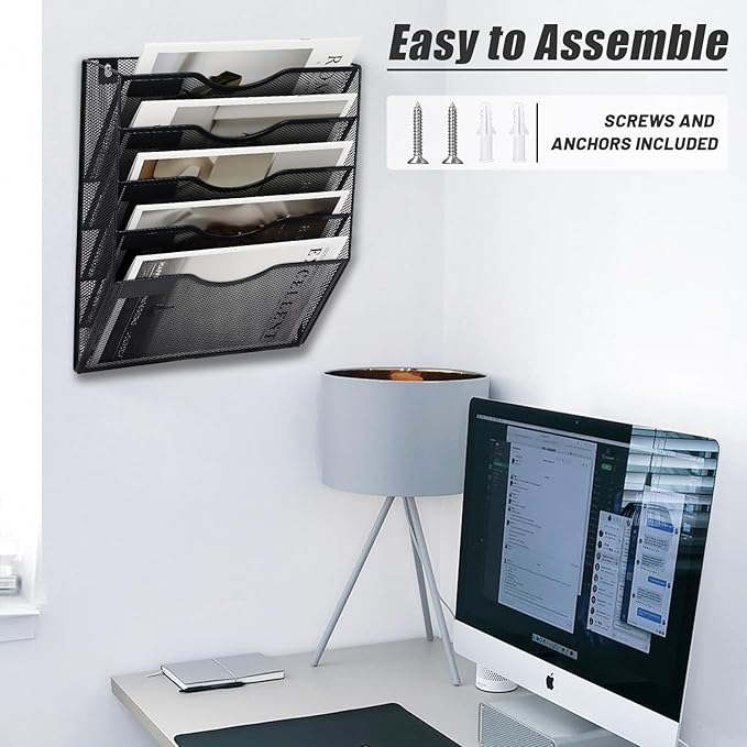 EASEPRES 5 Pocket Mesh Hanging Wall File Organizer, Wall Mounted Mail Paper Document Folder Holder, Clipboard Storage Organization Magazine Rack with Nametag Label for Office Home School, Black