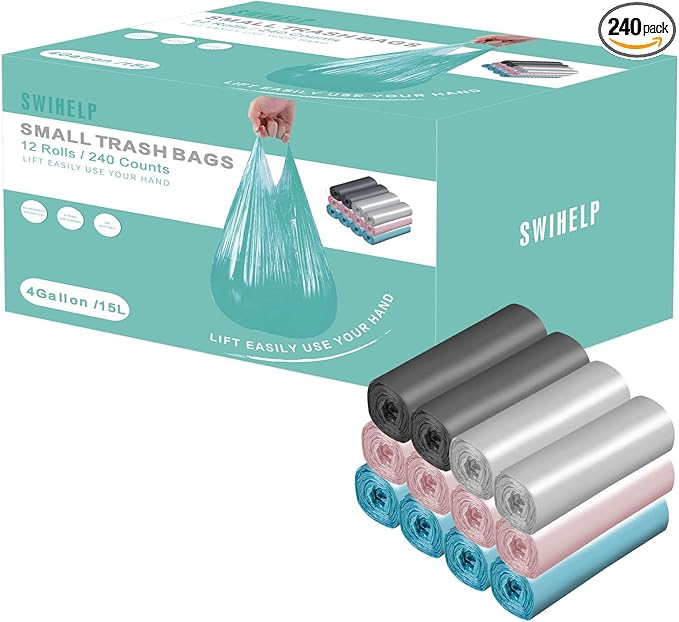 Small Trash Bags 240 Count Garbage Bags SWIHELP Waste Basket Liners for Bathroom, Kitchen,Bedroom, Office Pet Car 15 Liter Trash Can 4 Gallon