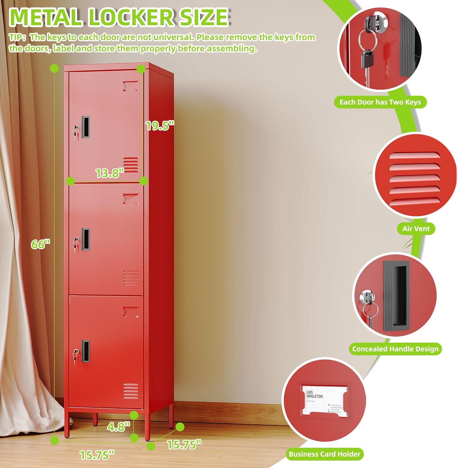 Metal Locker with Hooks and Ventilation Holes,Metal Storage Locker with Keys and Business Card Slof for Home,Gym,Garage,School,Office,66" H x 15.75" W x 15.75" D,Assembly Required,Red