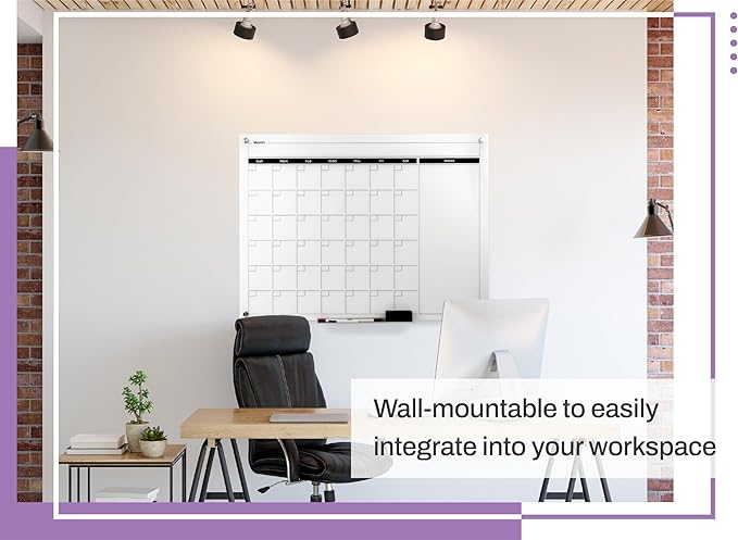 Real Glass Dry Erase Monthly Calendar, Giant Size 34" x 46", White Tempered Glass Surface, Frameless Wall Mount, with 4 Assorted Color Markers and Eraser, by Better Office Products (Bright White)