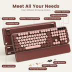 SABLUTE Wireless Keyboard, Round Keycaps, Retro Typewriter Keyboard with Detachable Wrist Rest, Sleep Mode, Foldable Legs, 2.4GHz Full-Size Cordless Computer Keyboard for Windows/PC/Laptop (Wine Red)