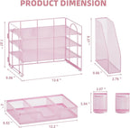 Marbrasse Desk Organizer and Accessories，4-Tier Paper Letter Tray Organizer with File Holder, Workspace Desk Organizers Accessories with Drawer and 2 Pen Holder (Pink, 15.4" x 9.1" x 8.3")