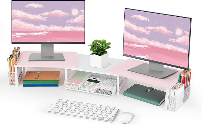 Desk Dual Monitor Stand Riser - Desk Organizer with Drawer and Pen Holders, Office Desk Accessories & Workspace Organization, Computer Monitor Stand for Laptop, Printer(Pink＆ White)
