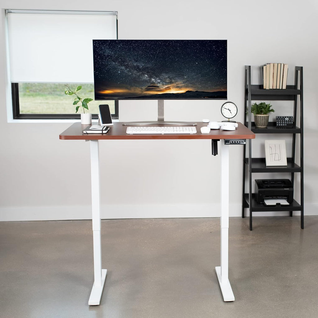 VIVO Electric 48 x 30 in Standing Desk, Memory Height Adjustment, 1B Series, One-Piece Dark Walnut Top, White Frame, DESK-KIT-1W5D
