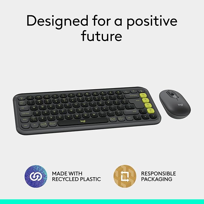 Logitech POP ICON Combo, Bluetooth Keyboard and Mouse Combo, Comfortable Typing, programmable Keys and Buttons, Quiet clicks, Easy-Switch up to 3 Devices - Graphite and Lime