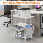 Large 22"x15" Printer Stand, 3-Tier Height Adjustable with Storage Drawer & Side Bag, Rolling Cart for Heat Press/Laser/3D Printer (White)