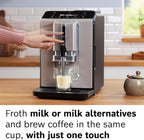 Bosch 300 Series Fully Automatic Espresso and Coffee Machine – In-Cup Frother, OneTouch Milk Drinks, 5 Drink Options, Ceramic Grinder, Easy Clean & Descale, in Silver TIU20307