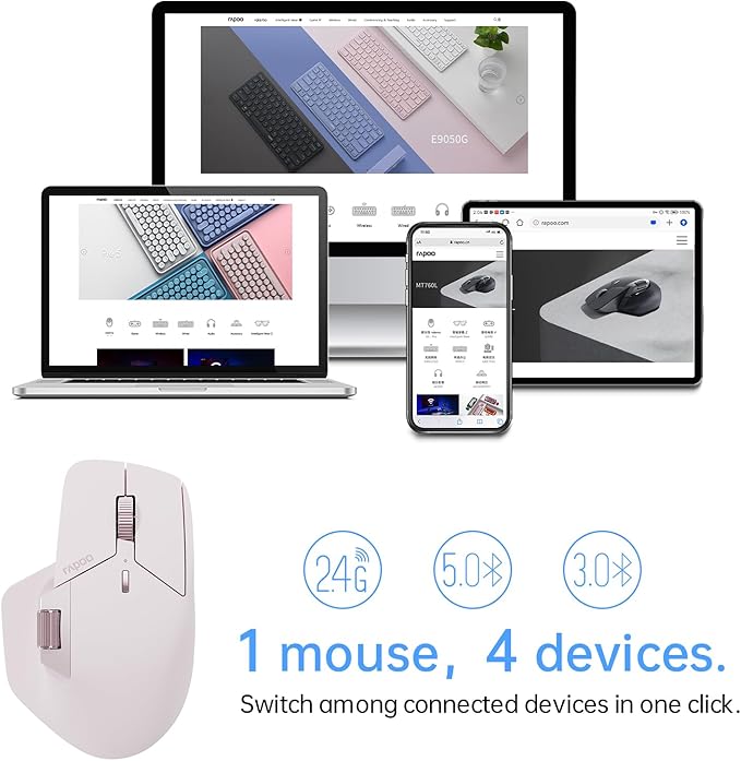 Rapoo MT760 Multi-Device Wireless Mouse, Bluetooth 5.0 and 2.4GHz Multi-Mode Connection, Up to 4 Devices, 11 Programmable Buttons, 4K DPI, Ergonomic Design, 90 Days Battery Life, PC, Pink