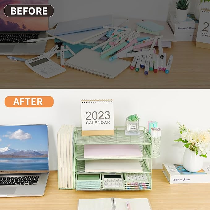 Desk Organizer and Accessories, 4-Tier Desktop File Organizer with Drawer and 2 Pen Holders, Office Desk Accessories for Office Supplies(Green)