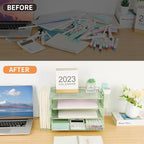 Desk Organizer and Accessories, 4-Tier Desktop File Organizer with Drawer and 2 Pen Holders, Office Desk Accessories for Office Supplies(Green)