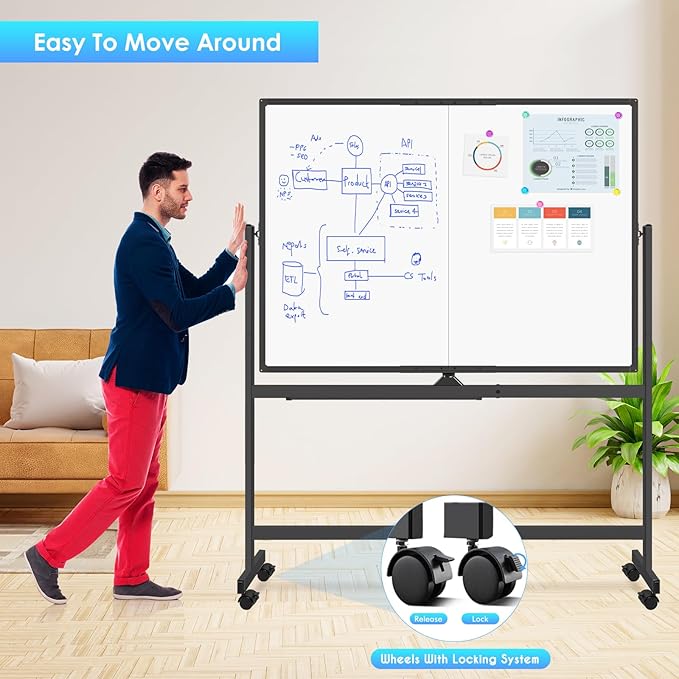 maxtek Rolling Whiteboard, 48x36 Large Magnetic White Board with Stands, Big Double-Sided White Board Dry Erase on Wheels for Homeschool, Home Office, Office, School (Black, 48 x 36)