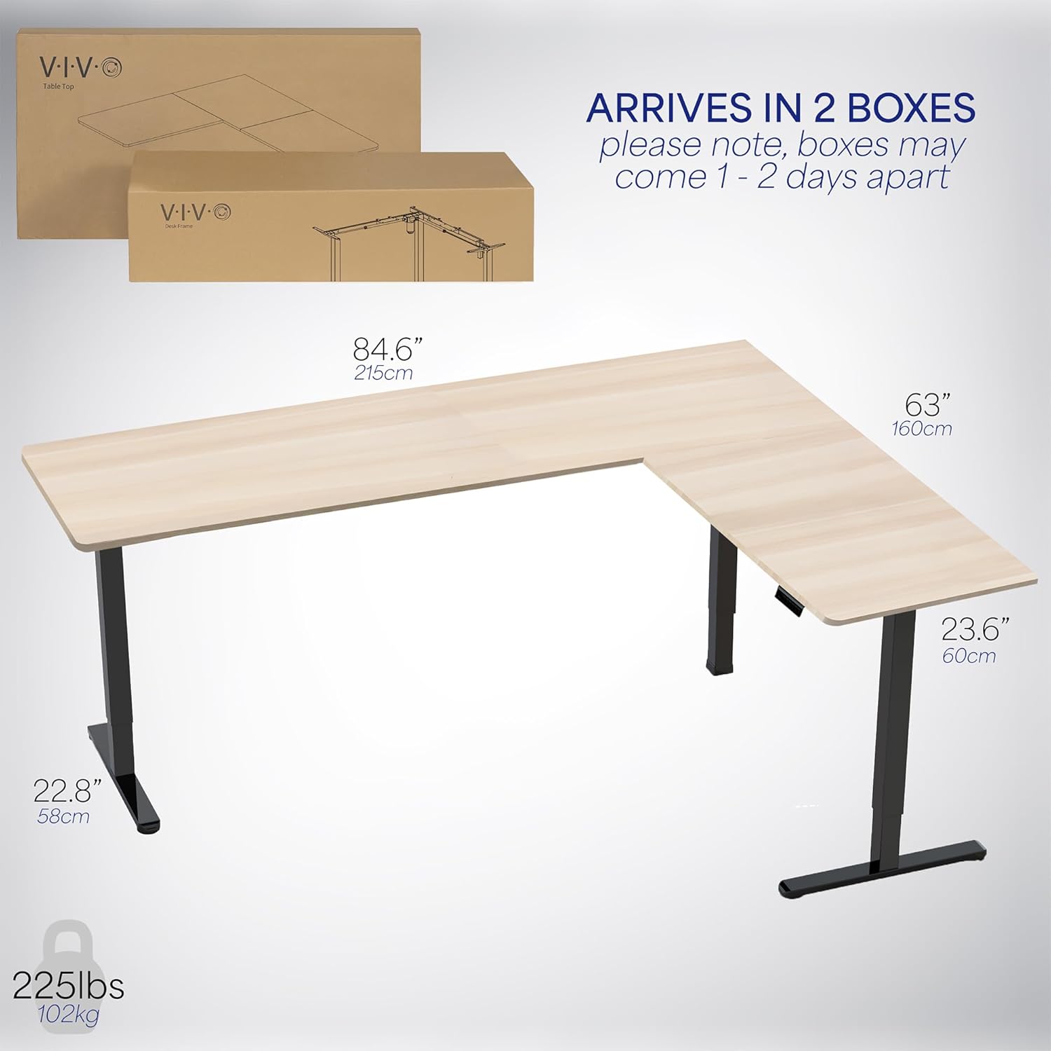 VIVO Electric Corner L-Shaped 84 x 63 in Standing Desk, Memory Height Adjustment, Light Wood Top Black Frame, DESK-E3CTBC-84