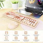 Wireless Keyboard and Mouse Combo, Ergonomic Full Size Typewriter Retro Round Keycaps Keyboard, Compatible with Windows, PC, Perfer for Home and Office Keyboards (Chocolate Color)