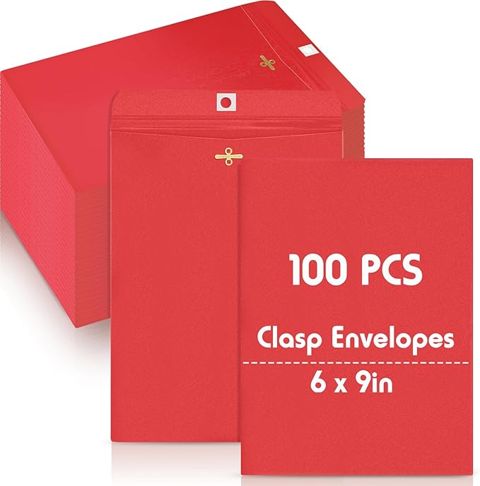 Geyee 100 Pcs Clasp Manilla Envelopes 6 x 9 Inch Gummed Colored Envelopes for Storing or Mailing for Home Office Business Supplies(Red)