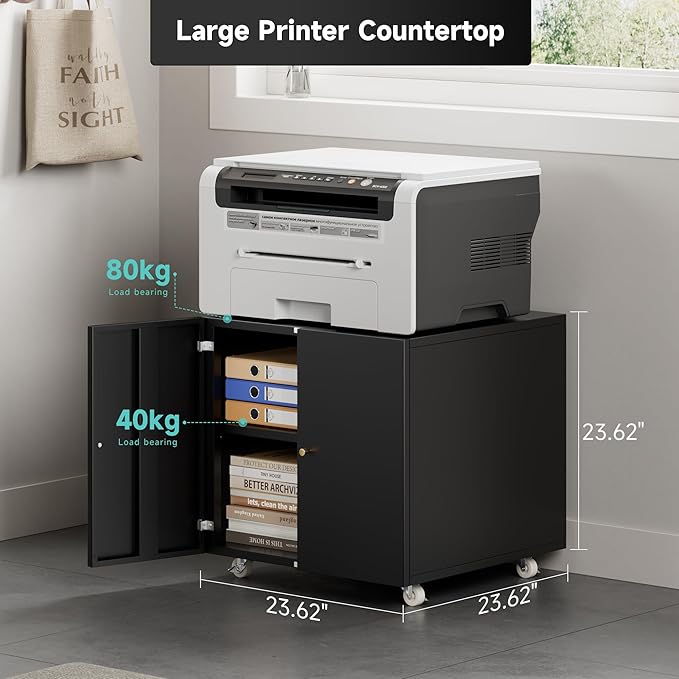 Warmiehomy Metal Printer Stand with Storage Mobile Printer Tables for Small Spaces with Door Adjustable Shelf File Cabinet on Wheels for Home Office (Black)