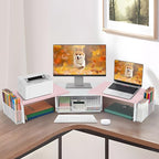 Desk Dual Monitor Stand Riser - Desk Organizer with Drawer and Pen Holders, Office Desk Accessories & Workspace Organization, Computer Monitor Stand for Laptop, Printer(Pink＆ White)
