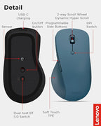 Lenovo Yoga Pro Mouse, Bluetooth, USB-C Rechargable, Dual Mode Bluetooth, 6 Button, Right Handed Design, Ergonomic Design, Programmable Buttons, 2-Way Metal Scroll Wheel, Tidal Teal