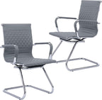 Office Guest Chairs - Set of 2 Modern PU Leather Desk Chairs with Mid Back, Grey