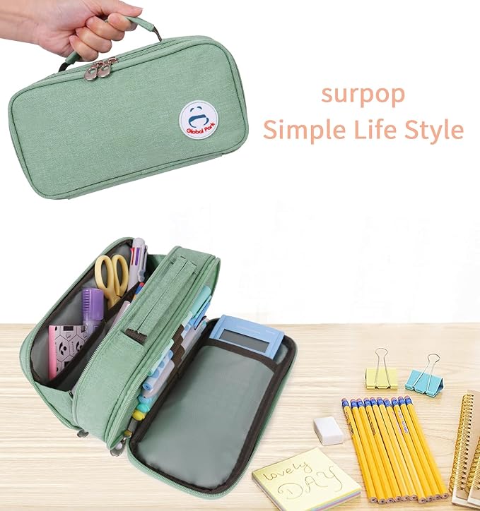 Pencil Case Pen Bag Holder Pouch Large Handle Big Capacity Desk Organizer Storage Marker Box Stationary Makeup Cosmetic Double Zippers for School Office Students Teen