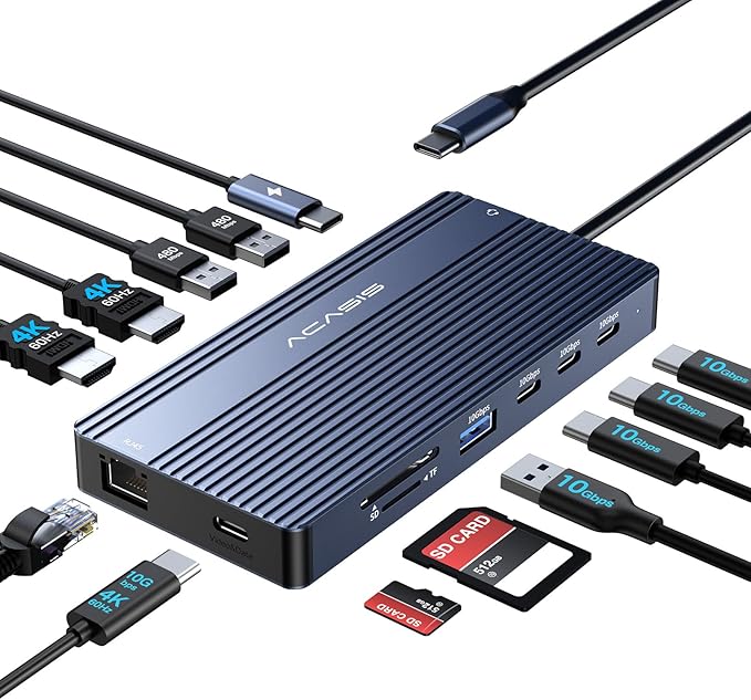 USB C Hub Docking Station Dual Monitor 2 HDMI 4K@60HZ,14 in 1 Laptop Docking Station 3 Monitor with 10Gbps(USB-c Video+Data,3*USB C,USB A) Ethernet,PD 100W,SD/TF,3.5mm Audio for Dell/HP/Lenovo