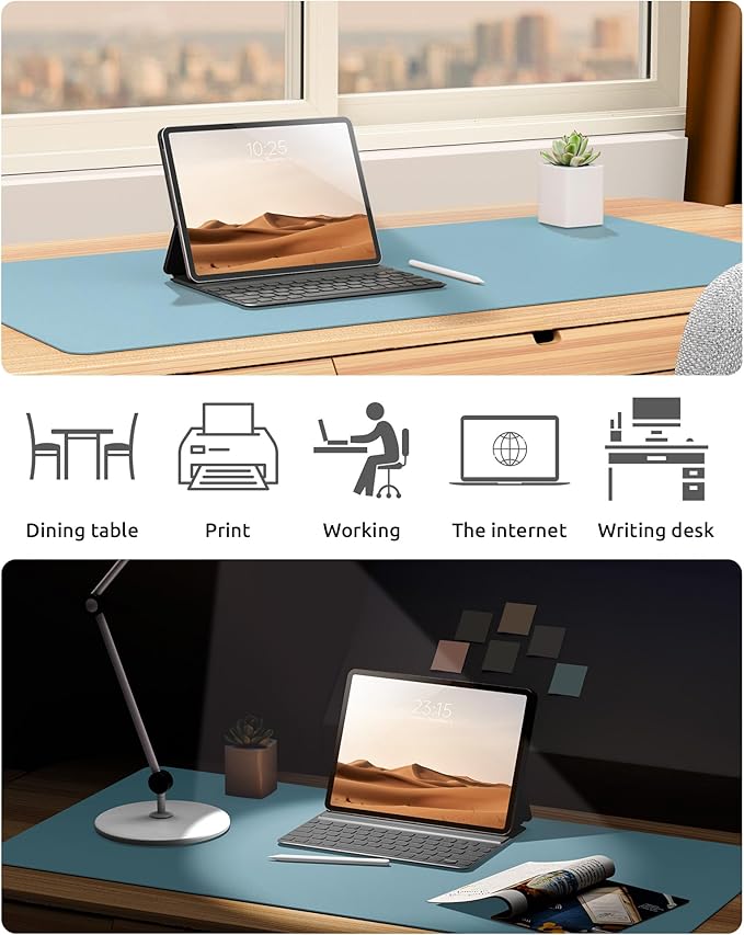 YSAGi Leather Desk Protector, Office Mat, Large Mouse Mat, Non-Slip PU Leather Blotter, Laptop Pad, Waterproof Writing Pad for Office and Home (Ice Blue, 35.4" x 17")