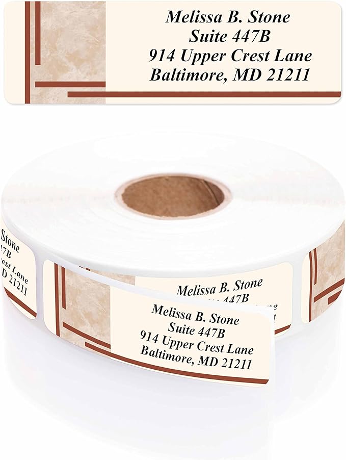Brown Marble Designer Rolled Address Labels with Elegant Plastic Dispenser
