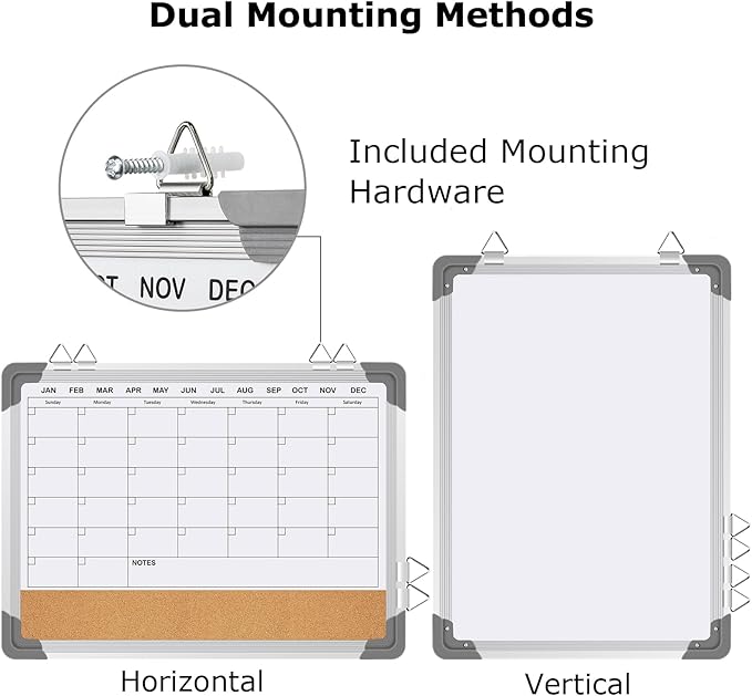 EAONE 16x12 in Double Side Whiteboard Calendar & Cork Board Combo for Wall, 3 in 1 Magnetic Dry Erase Whiteboard Monthly Calendar and Bulletin Board with Aluminum Frame for Home Office Kitchen