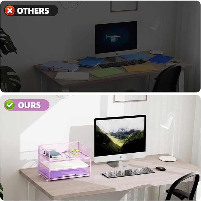 Marbrasse 3 Tier Paper Organizer Letter Tray, Mesh File Organizer with Handle, Paper Sorter Desk Organizer for Home Office Supplies(Purple)