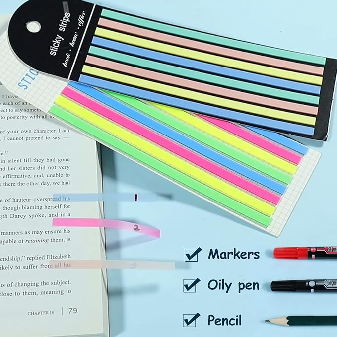Juome 1280Pcs Highlighter Tape, Transparent Sticky Long Page Markers Tabs, Morandi Neon Clear Highlighter Strips Flags Stickers, Book Tabs for Annotating Books Aesthetic Office School Study Supplies