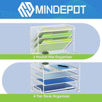 4-Tier Paper Organizer + 3-Pocket File Holder + Drawer + Pen Holders, Desktop File Organizers Paper Tray for Office Supplies School Classroom Organization (White, no Drawer & Pen Holder)