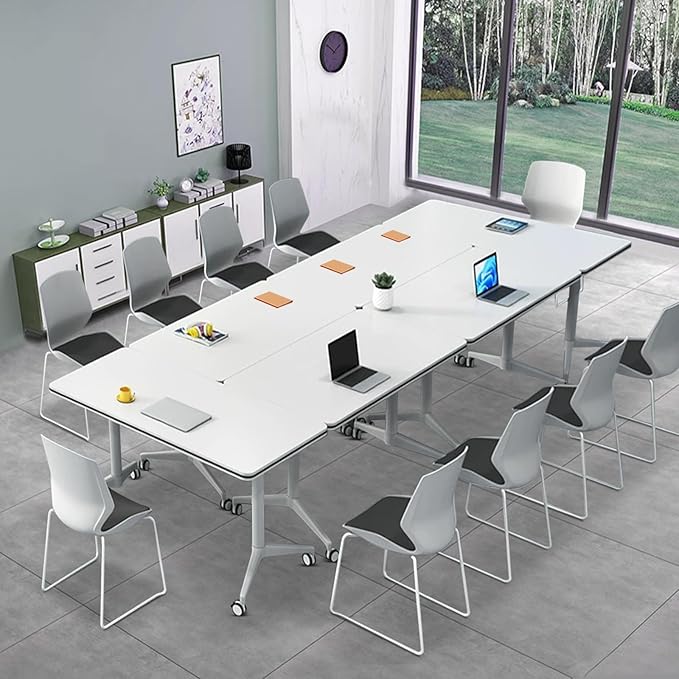 Folding Conference Table, Modern Large Conference Room Tables with Flip-Top Design, Foldable Conference Table Meeting Table with Wheels, Mobile Seminar Training Tables for Office Classroom (6, White)