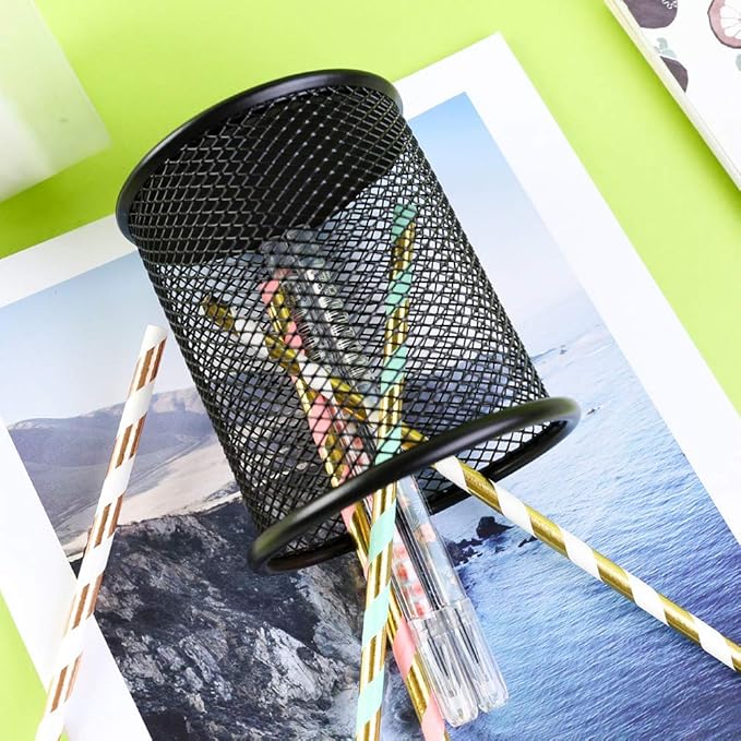 Ameceres 4 Packs Wire Mesh Pencil Holder Metal Pen Cup Desk Pen Organizer Case Pencil Jar Black for Office Home (Black)
