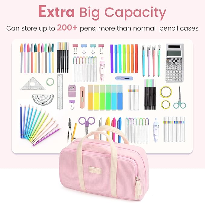Sooez Large Pencil Case Pouch, Extra Big Pencil Bag with 5 Compartments, Pen Case Wide Opening, Soft Corduroy Pen Bag Organizer with Zipper, Cute Aesthetic School Supplies for Teen Girls, Pink
