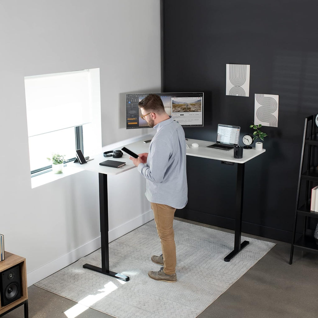 VIVO Electric Corner L-Shaped 63 x 55 in Standing Desk, Memory Height Adjustment, White Top Black Frame, DESK-E3CTBW