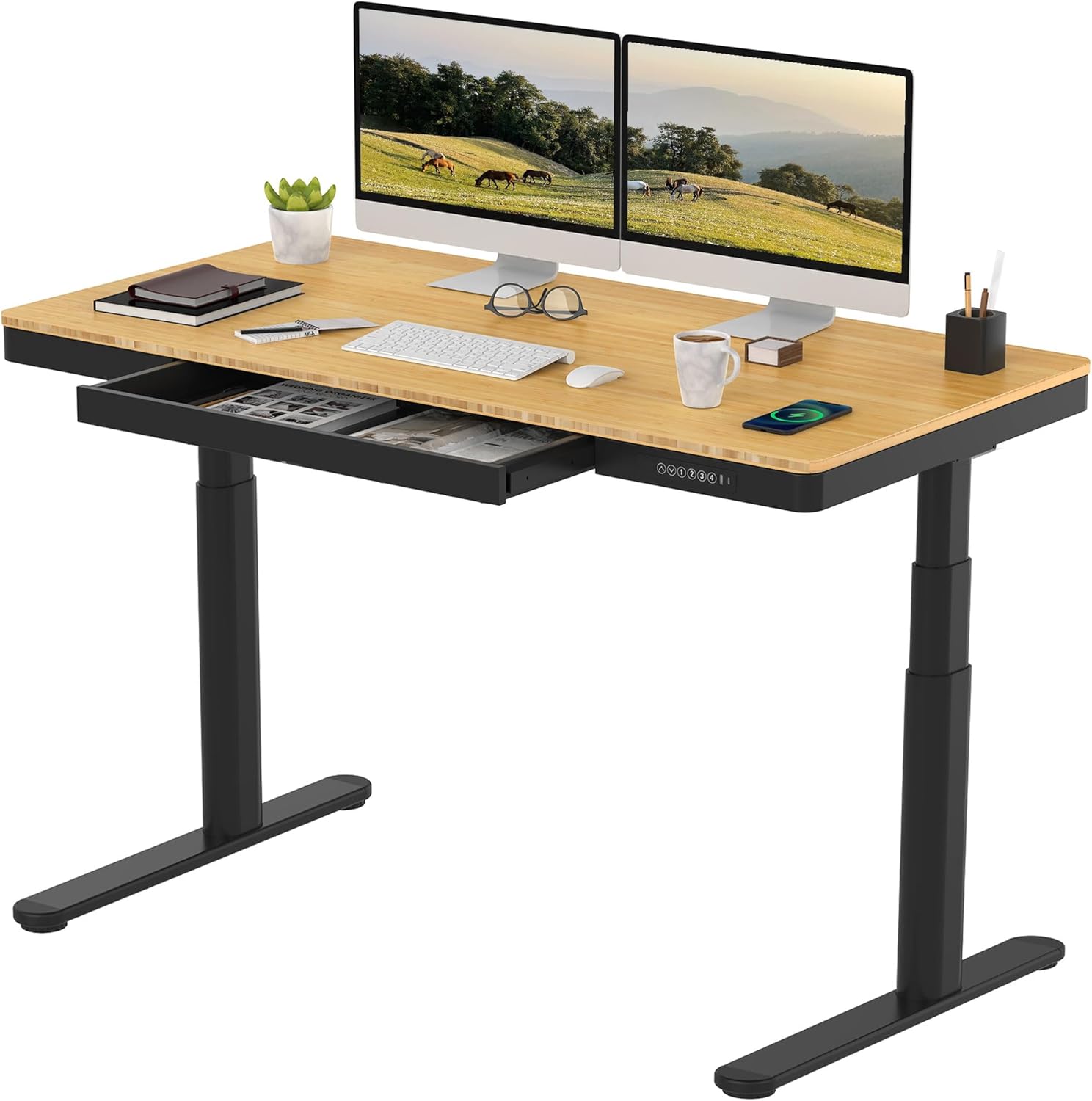 SANODESK Standing Desk with Drawer,Dual Motor 3 Stage Electric Height Adjustable Home Office Desk with Storage & Wireless Charging, 55 inch Bamboo Tabletop/Black Frame