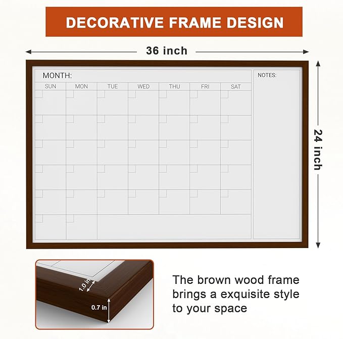 Comix Dry Erase Calendar Whiteboard for Wall,Magnetic Dry Erase White Board with Brown Wood Frame, 36 * 24 inches Decorative Planner Board for Office, Kitchen, School, Home