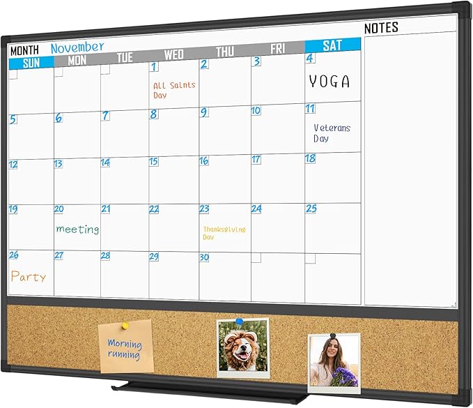 XBoard Dry Erase Calendar Whiteboard 48 X 36 - Combo White Board Calendar Monthly, Magnetic White Board + Corkboard with Black Aluminum Frame, Colorful Push Pins & Marker Tray Included