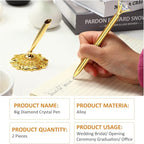 Outus 2 Pieces Gold Wedding Pens for Guest Book Signing Diamond Pen with Hollow Round Holder Stand Set for Wedding Bridal Engagement Reception Supplies