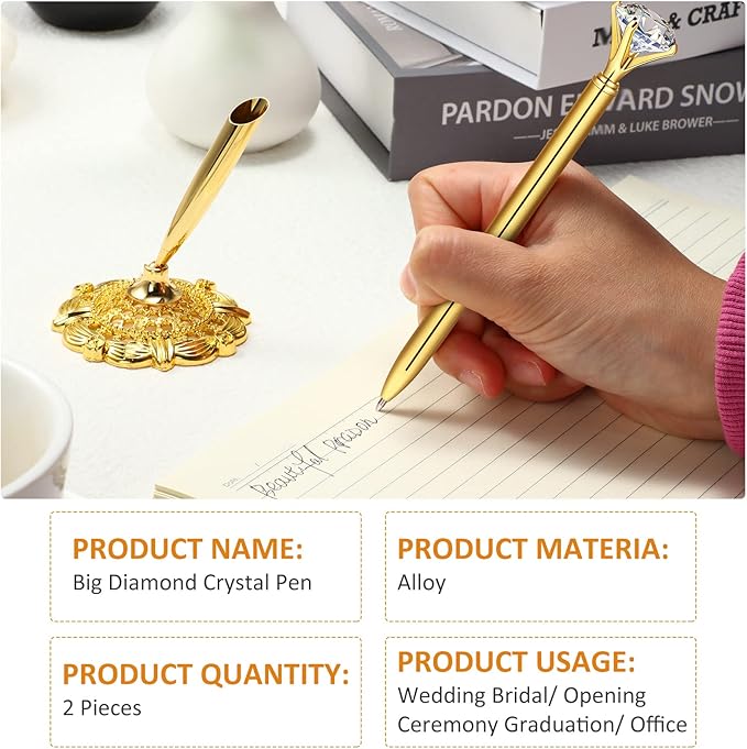 Outus 2 Pieces Gold Wedding Pens for Guest Book Signing Diamond Pen with Hollow Round Holder Stand Set for Wedding Bridal Engagement Reception Supplies