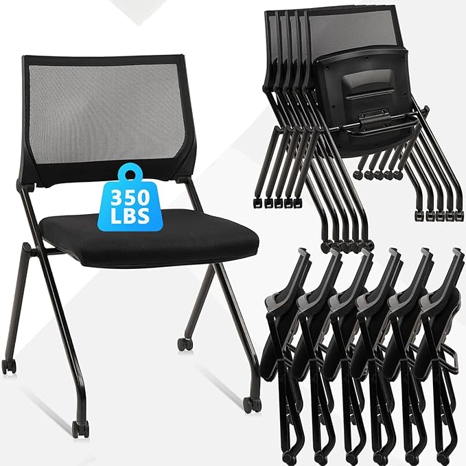 CLATINA Stackable & Foldable Conference Room Chairs, Waiting Room Chairs with Wheels & Lumbar Support, Ergonomic Mesh Bouncing Back Folding Chair for Office Meeting Schools Training Room, Black 20pk