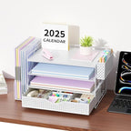 Wood Desk Organizers and Accessories with File Holder, 4-Tier Desk Accessories & Workspace Organizers with Drawer and Pen Holder, Paper Organizer for Office Supplies (White)