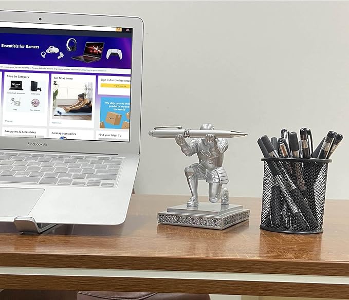 Executive Knight Pen Holder with A Cool Pen, Home Office Desk Organizers Decor Resin Pen Holder, Christmas Gift Idea for Dad, Uncle, Man, Boyfriend, Friends Silver
