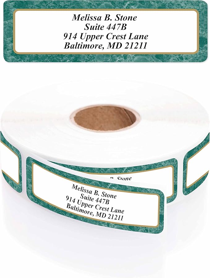 Green Marble Designer Rolled Name & Address Labels with Elegant Plastic Dispenser
