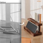 Pencil & Pen Holder for Desk, Solid Walnut Pen Display Stand with 9 Slots and Cell Phone Holder, Aesthetic Pen Organizer for Minimalist Office Desk Decor