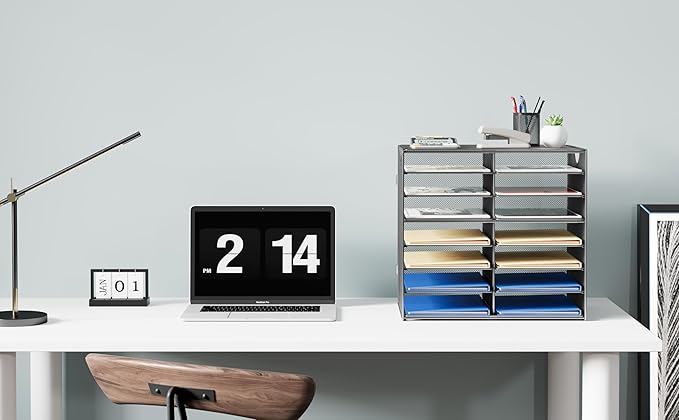 EasyPAG 14-Slot Mesh Desk File Organizer with Handle, Metal Frame Paper Tray for Classroom/Office/Home - Easy Assembly, Durable Tiered Sorter & A4/Letter Size, Silver