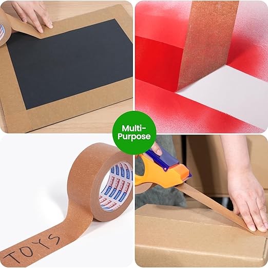 ADHES Heavy Duty Paper Packing Tape Kraft Paper Tape, Eco Friendly & Biodegradable, Writable & Uncoated Brown Packing Tape for Masking, Sealing, and Packaging Use, 2 Inch x 43 Yards, 3 Rolls