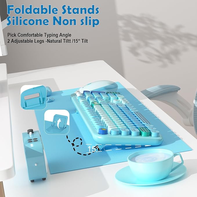 Wireless Keyboard Mouse Combo, MOFII 104 Round Keys Lovely Full-Size Cute Colorful Keyboard and Mouse with Retro Typewriter for PC/Mac/Laptop/Tablet/Computer/Windows Blue