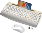 Ergonomic Wireless Keyboard and Mouse with Wrist Rest，Phone Holder - 2.4GHz Full-Sized Low-Profile Quiet Gold Wireless Mouse and Keyboard Combo for Computer, Laptop, PC, Mac-Gold